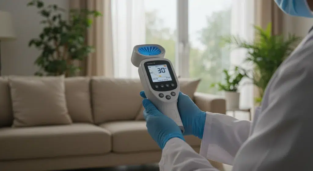 Person testing indoor air quality with device.