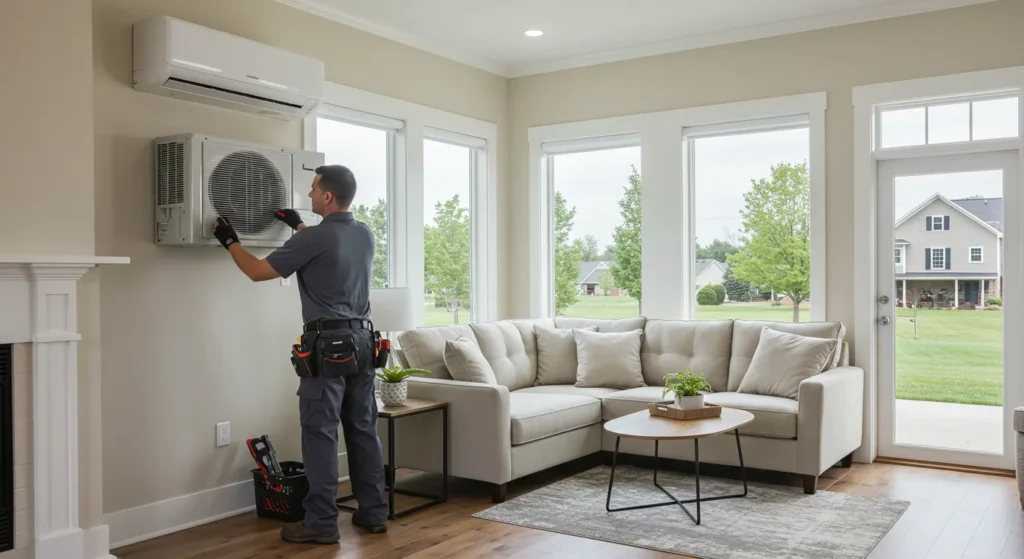 A technician works on an air conditioning unit mounted on the wall in a bright, modern living room with large windows and a cozy couch.