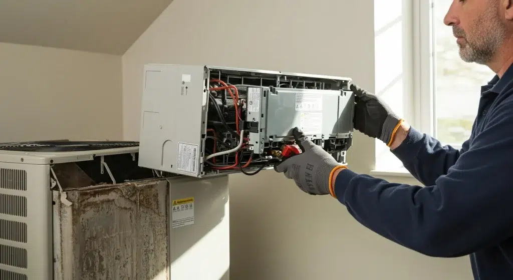 Man replacing part of a mini-split AC.