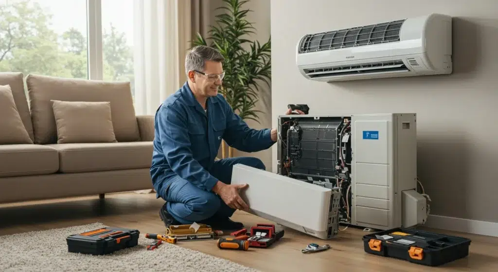 Man servicing an indoor mini-split AC unit.