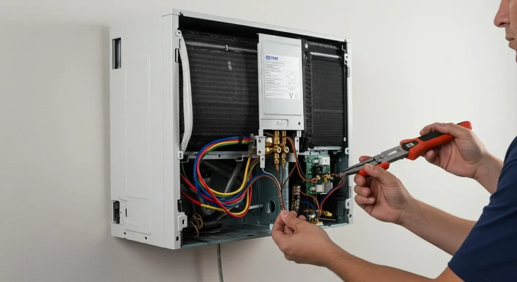 A technician using pliers to repair the interior components of a mounted air conditioning unit with colorful wires visible.