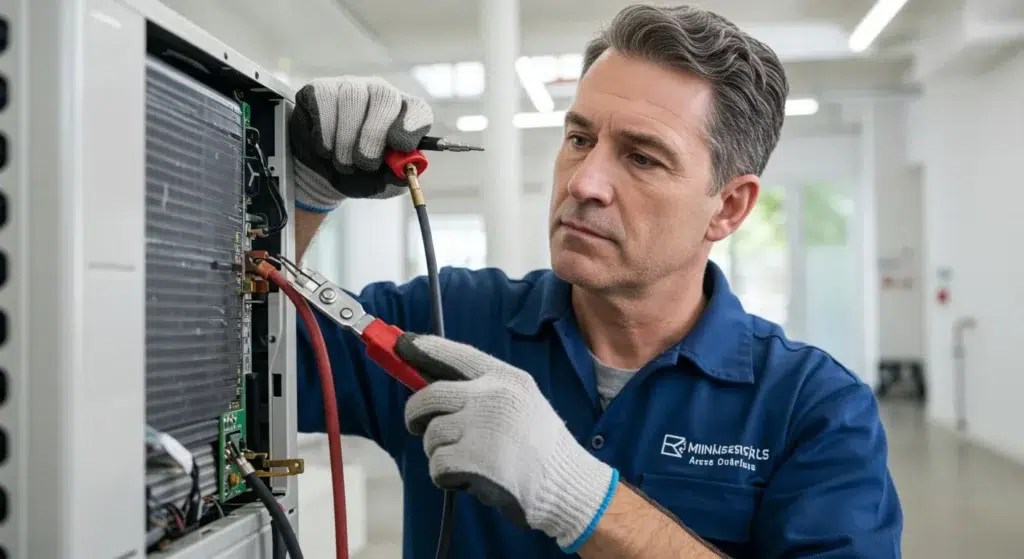 Man performing repair on a mini-split unit.