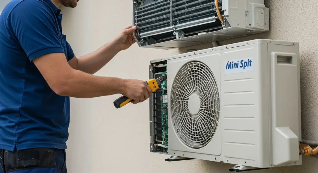Man installing an outdoor mini-split AC unit.