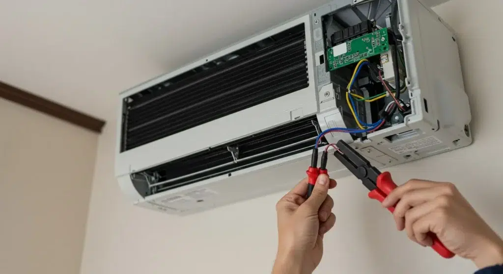 Hands connect wires during mini-split AC installation.