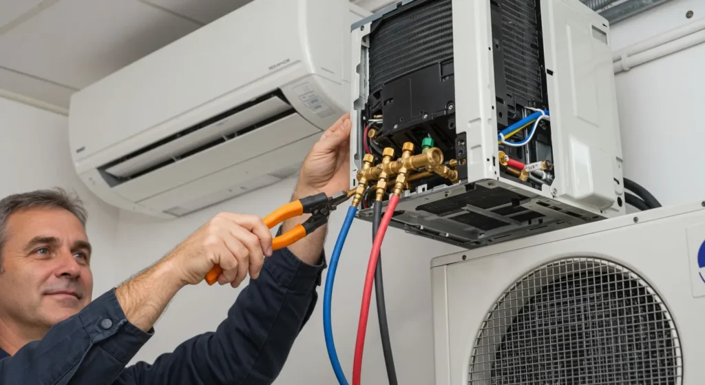 Man installing new mini-split air conditioner unit.