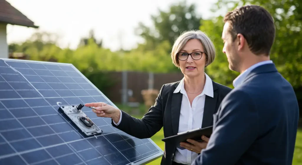 A professional woman points at a solar panel while discussing it with a man, both engaged in a conversation outdoors.