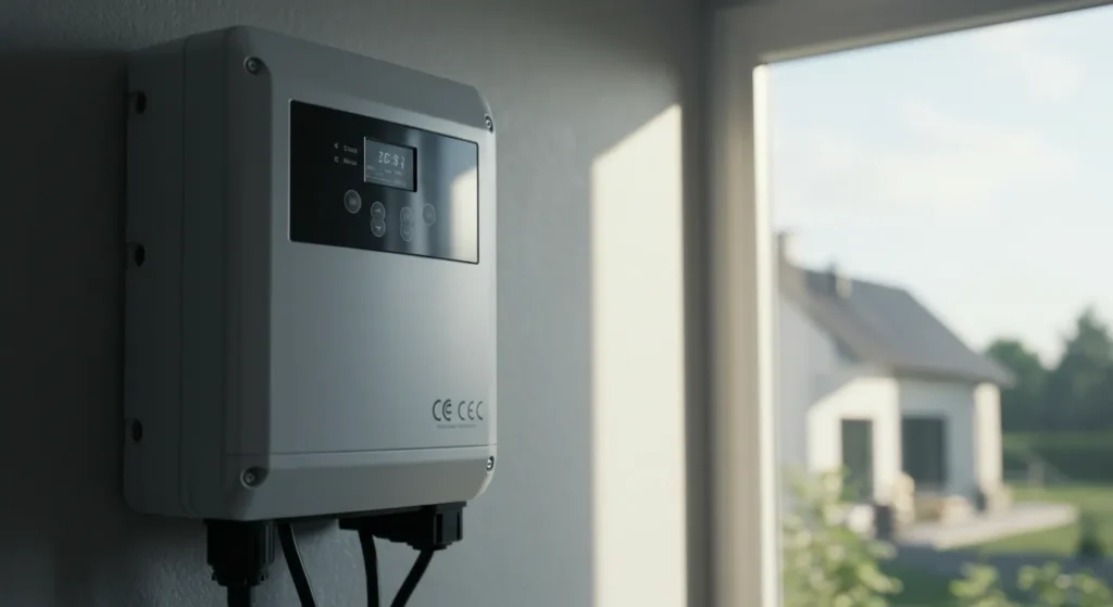 Modern solar inverter mounted on a wall, displaying a digital readout, with a sunny outdoor view of houses and greenery in the background.