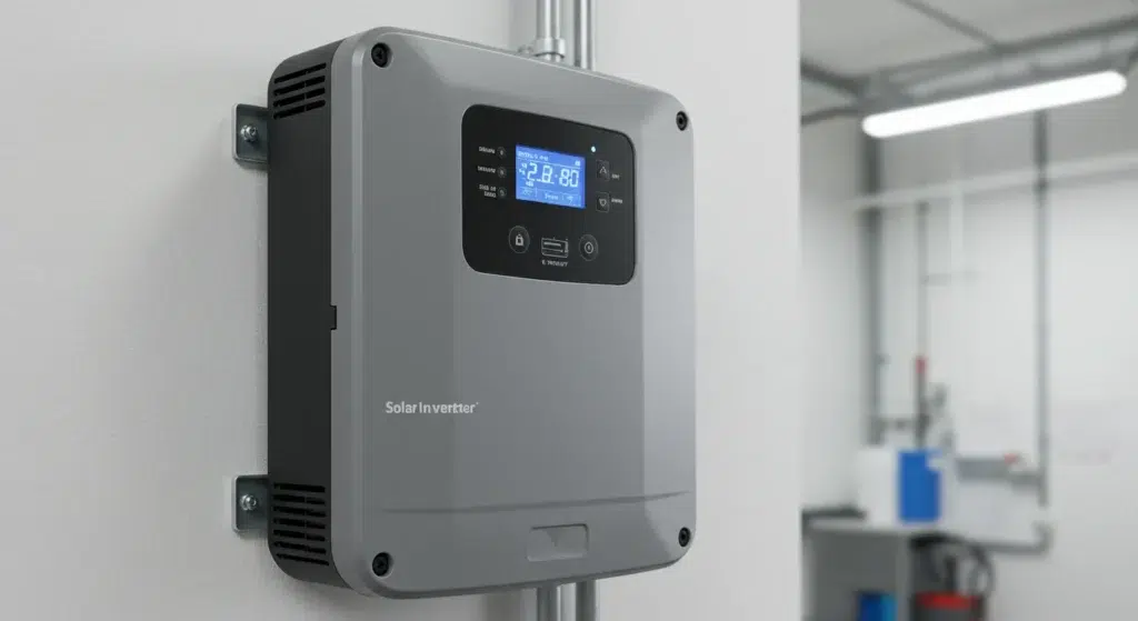 A modern, rectangular gray solar inverter is mounted on a light-colored wall, with silver pipes running vertically beside it. The inverter features a prominent digital display that is lit up in blue, showing numerical readings and various icons, indicating its operational status