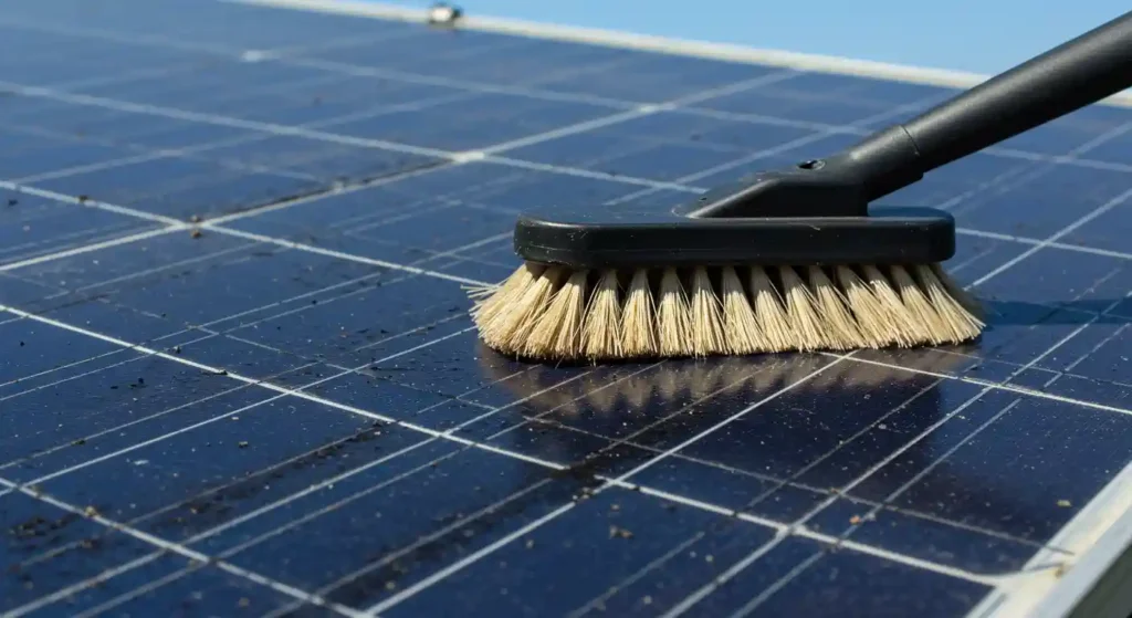 A close-up of a brush cleaning dirt off solar panels, highlighting the shiny, reflective surface and scattered debris.