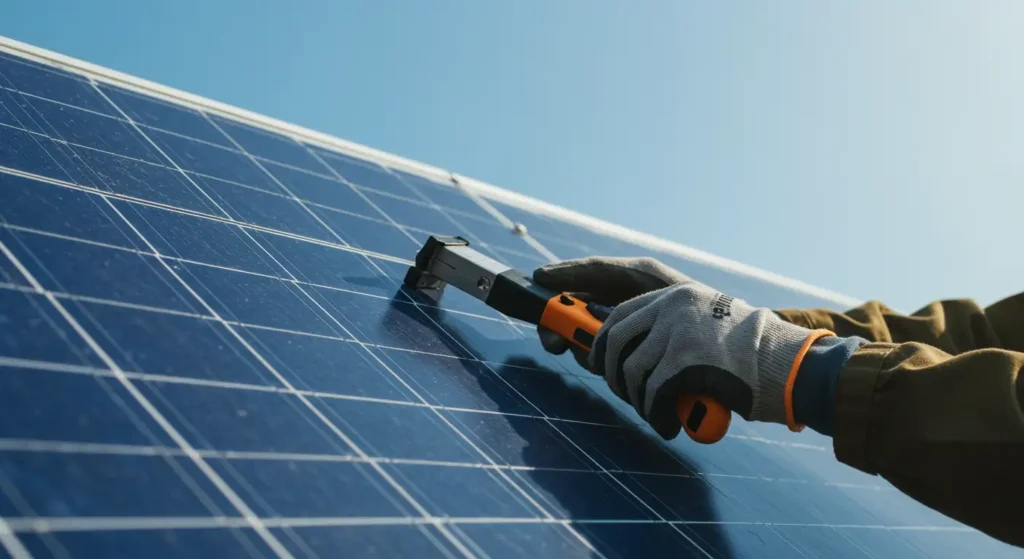 A gloved hand using a tool to maintain a solar panel under a clear blue sky, showcasing renewable energy efforts.