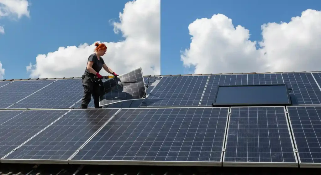 A side-by-side image shows a person with orange hair and red gloves working on a rooftop solar panel installation. On the left, the person is lifting or adjusting a solar panel.