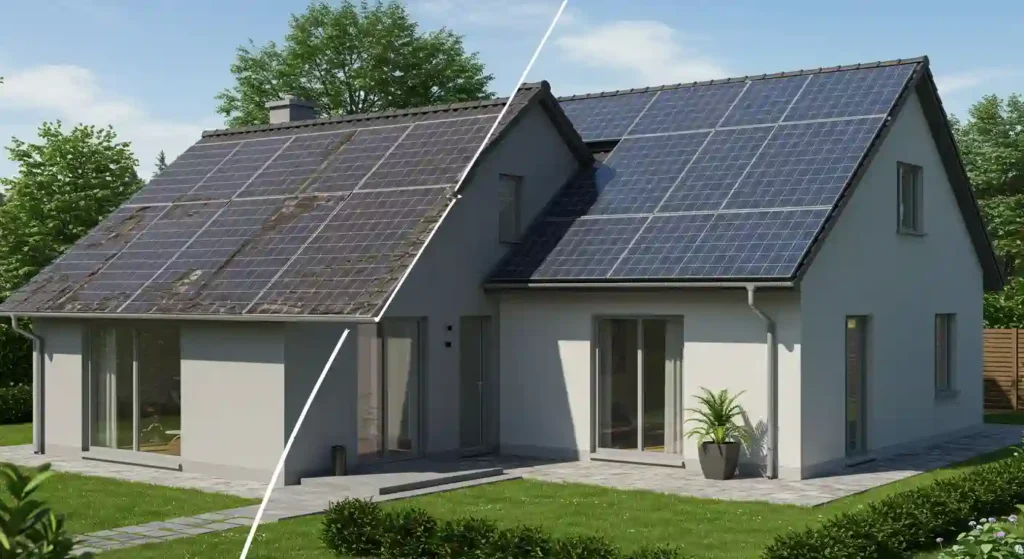 A modern house showcasing solar panels on its roof, surrounded by green grass and trees under a clear blue sky.