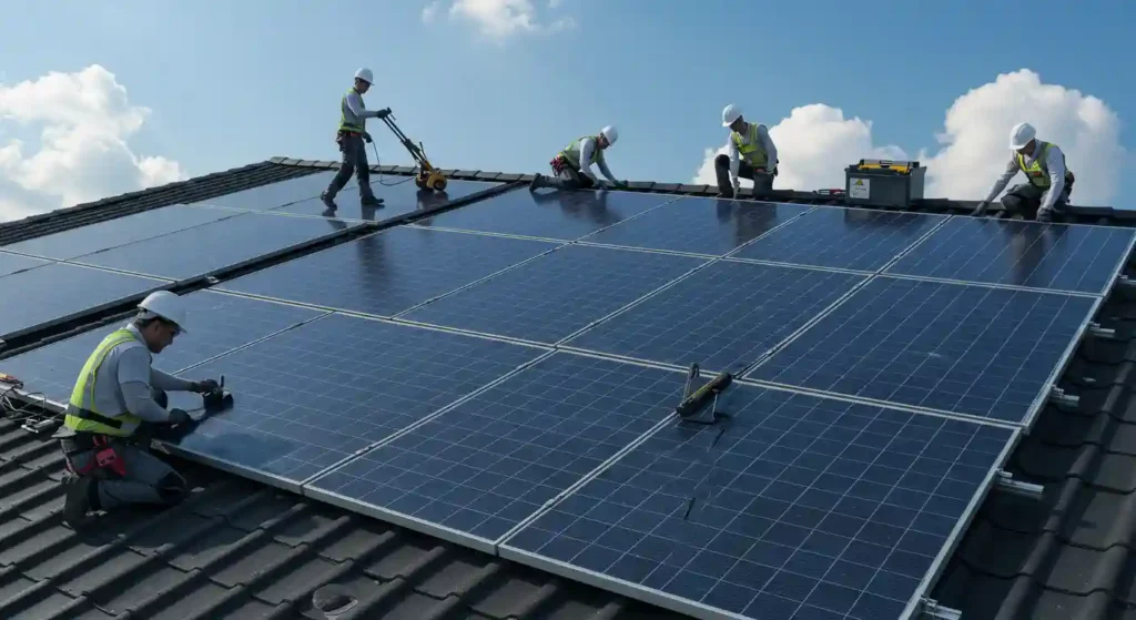 A group of four technicians, all wearing white hard hats and reflective vests, are working on installing or upgrading solar panels on a dark tiled rooftop. One technician on the left is kneeling and appears to be making adjustments to a panel.