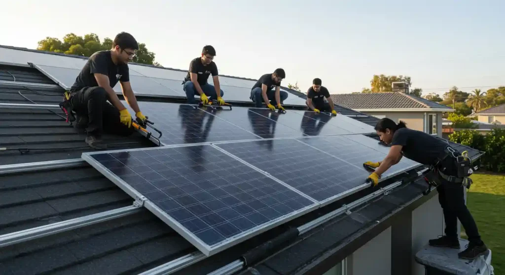 A team of workers in black shirts and yellow gloves installs solar panels on a rooftop during sunset.