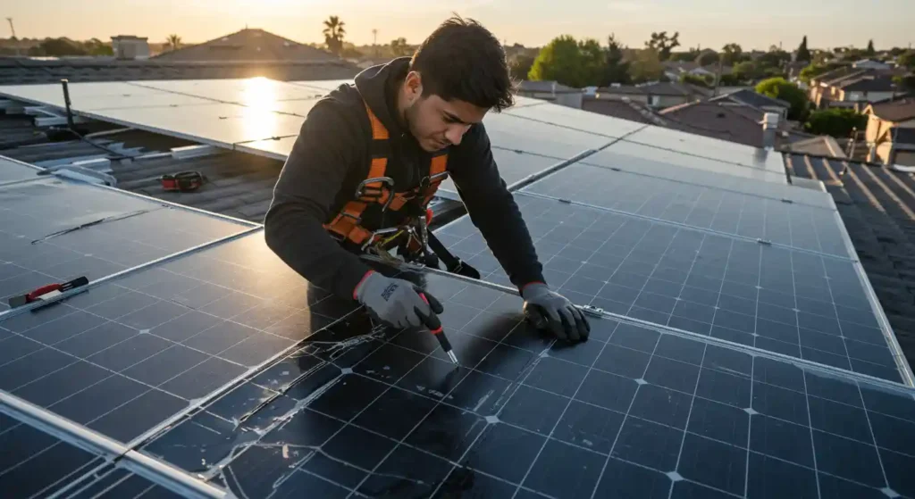 A technician in safety gear works on solar panels on a roof during sunset, using tools to maintain the system.