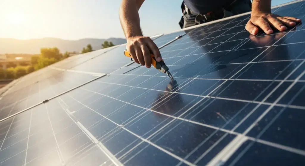 Person repairing solar panels on a rooftop.