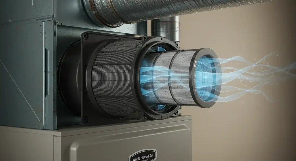Close-up of a high-efficiency air filtration system, showing air flowing through the filters, mounted on a heating unit.