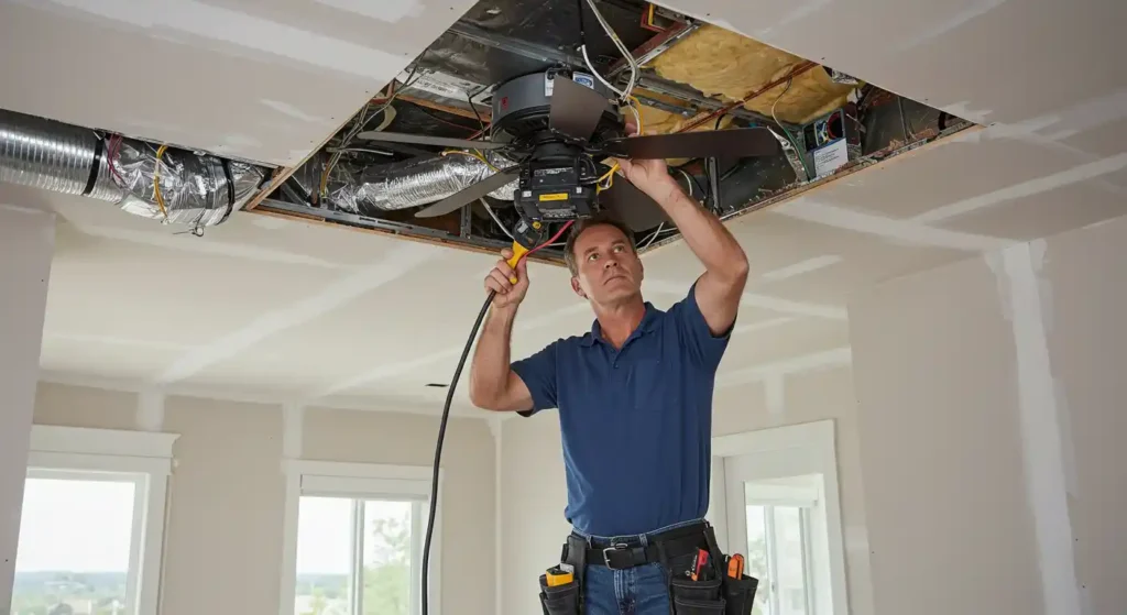 A person installs a ceiling fan in a room with unfinished drywall, showcasing exposed wires and ductwork overhead.