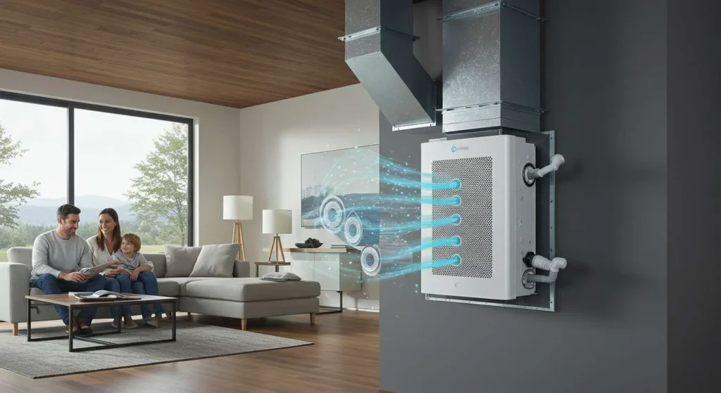 A family sits together on a couch in a modern living room, with a high-tech air system mounted on the wall. Airflow is visually indicated.