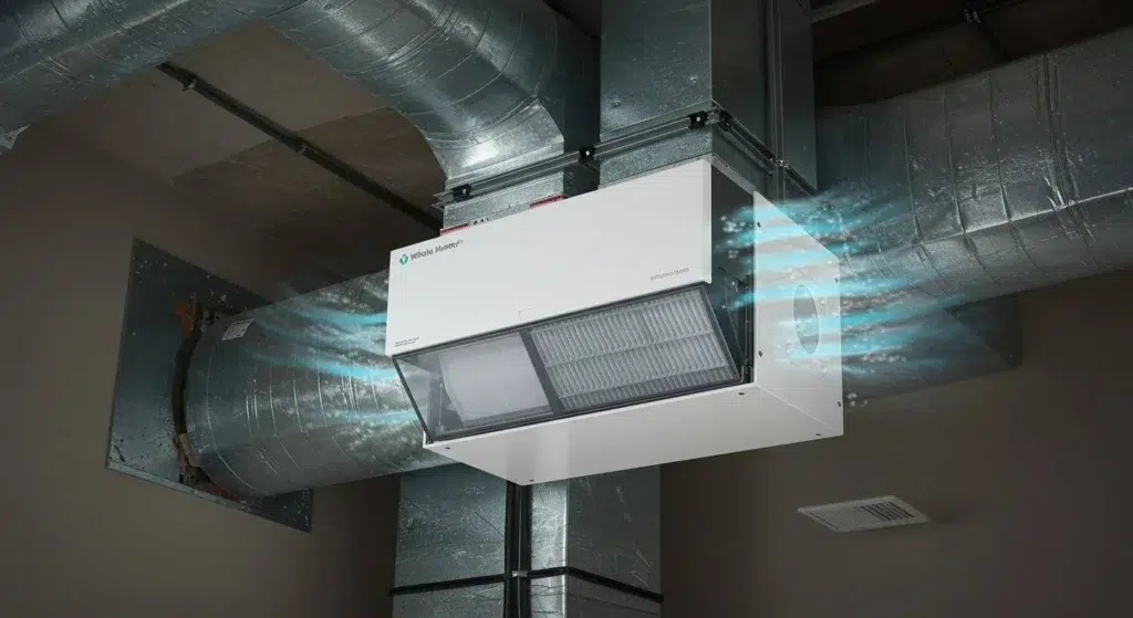 An airflow unit installed in a ceiling, releasing air with a filter front, surrounded by metallic ducts in a modern interior.