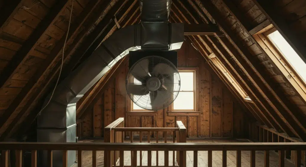 Large whole-house fan and ducts in attic.
