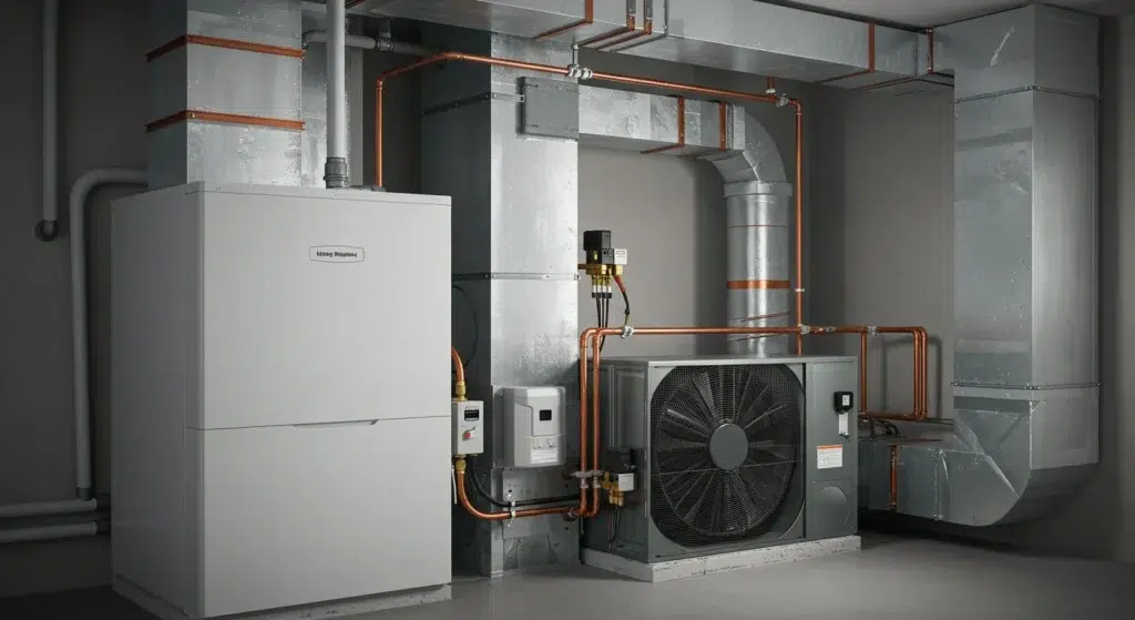 Basement with modern heating and cooling system.